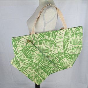 Chicos XL Tan Green Palm Leaf Print Tropical Beach Tote Bag & Makeup Pouch NEW